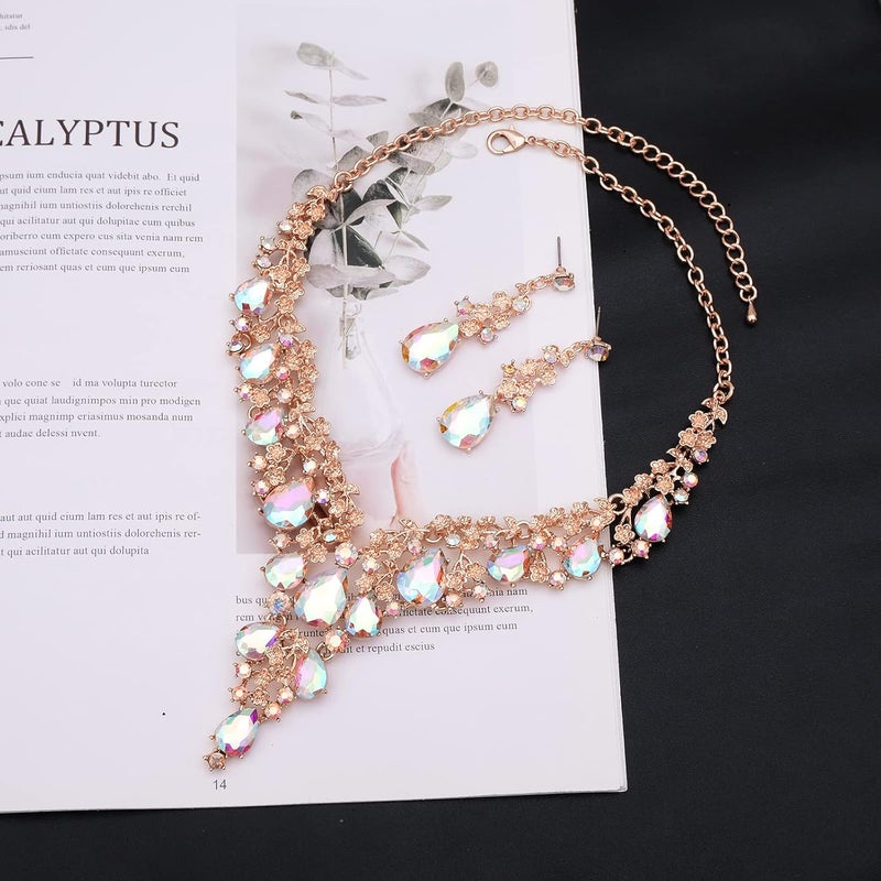 CSY Elegant Crystal Costume Jewelry Sets Flower Bridal Necklace Earrings Stretch Bangle Set for Bride Bridesmaid Wedding Dress Accessories - Image 3